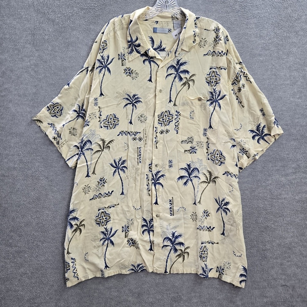 VINTAGE Half Moon Bay Men Button Up Shirt 3X Beige Hawaiian Floral Graphic Print